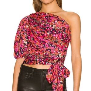 Amanda Uprichard Floral One-Shoulder Blouse - Pink and Black